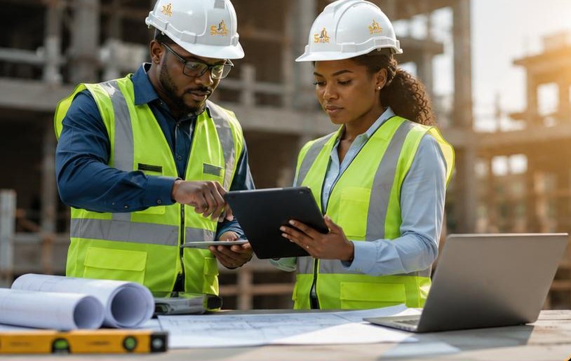Silque engineers reviewing plans on a tablet at a construction site