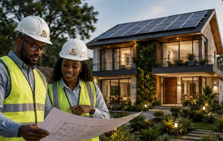 Silque engineers reviewing plans in front of a solar-powered home