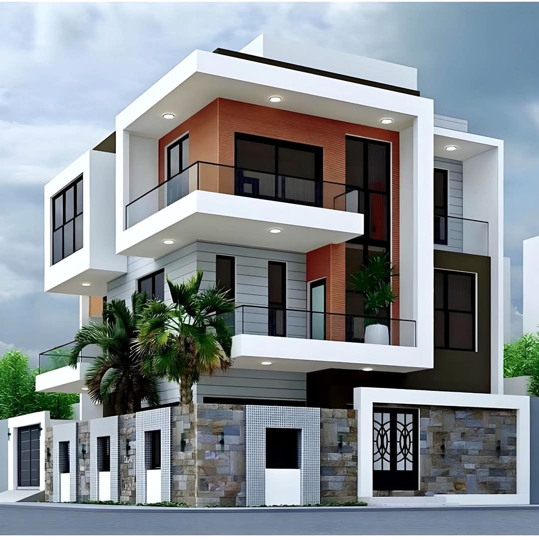 Contemporary three-storey villa with stone and timber accents