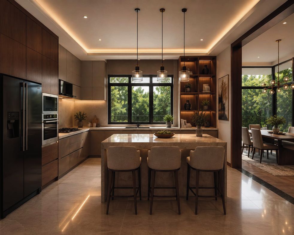 Modern kitchen with island seating and pantry