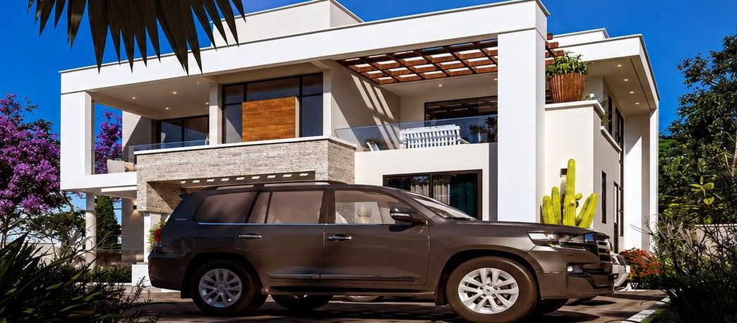 Render of the contemporary luxury maisonette in Juja with an SUV parked outside