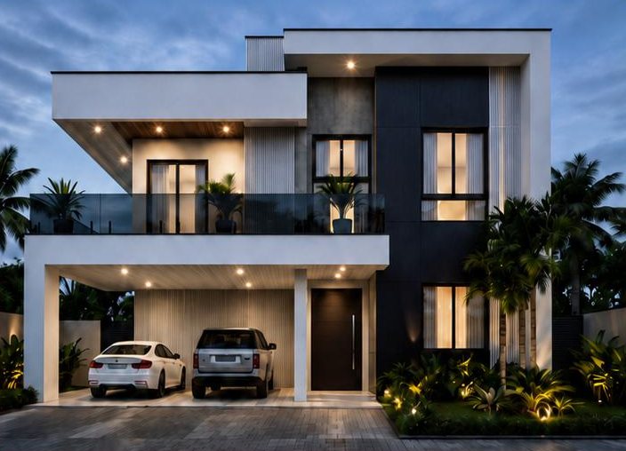Render of the contemporary maisonette in Nyali with two cars in the carport