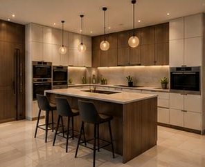 Kitchen with island and pendant lights